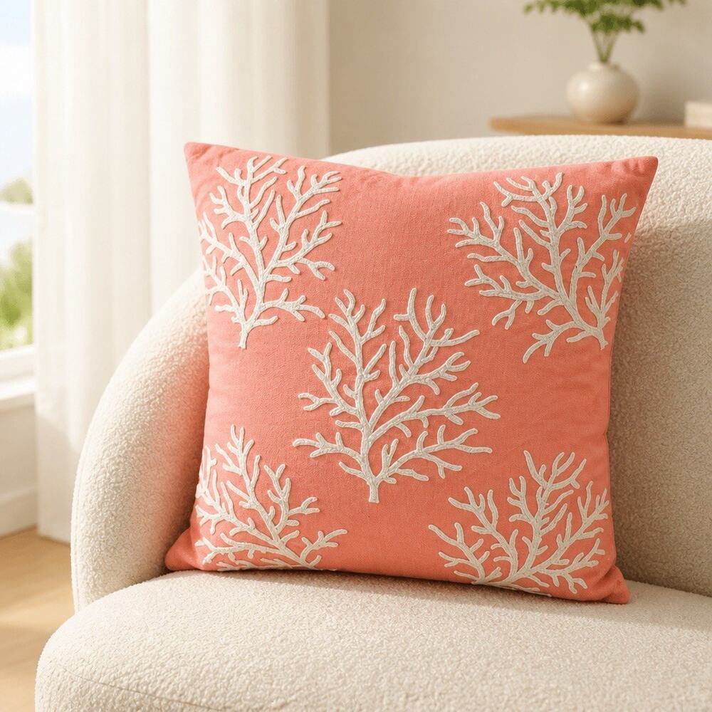 Pier 1 SeaFoam Starfish embroidered Nautical Beach Coral Throw Pillow 17x17”